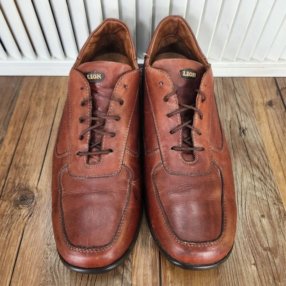 Lion Italian Leather Shoes Mens Size 9 EU 42 Brown Casual Lace Up Dress Oxfords
